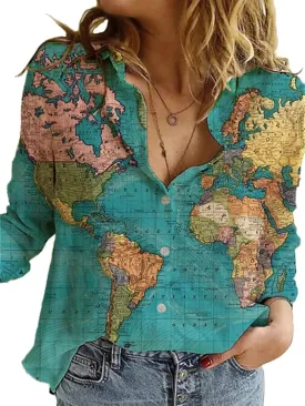 Women's World Map 3D Print T-Shirt, Casual Loose Button UP Front Blouse Button-Up Shirt V-Neck Short Sleeve Casual Top