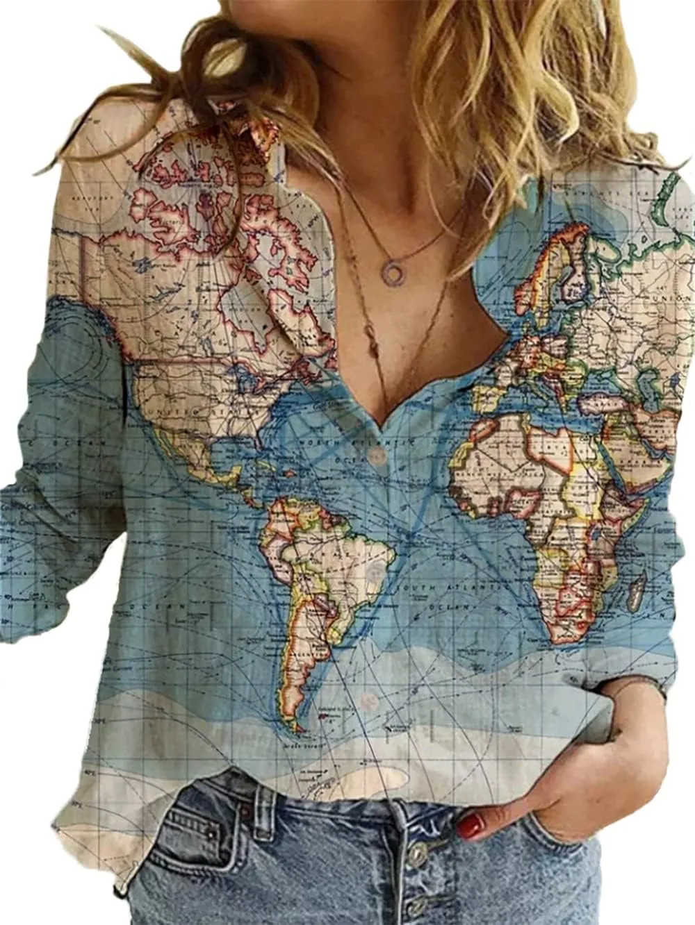 Women's World Map 3D Print T-Shirt, Casual Loose Button UP Front Blouse Button-Up Shirt V-Neck Short Sleeve Casual Top