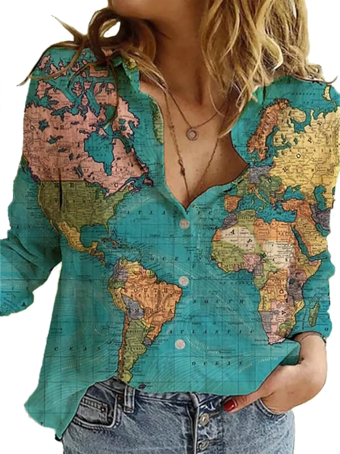 Women's World Map 3D Print T-Shirt, Casual Loose Button UP Front Blouse Button-Up Shirt V-Neck Short Sleeve Casual Top