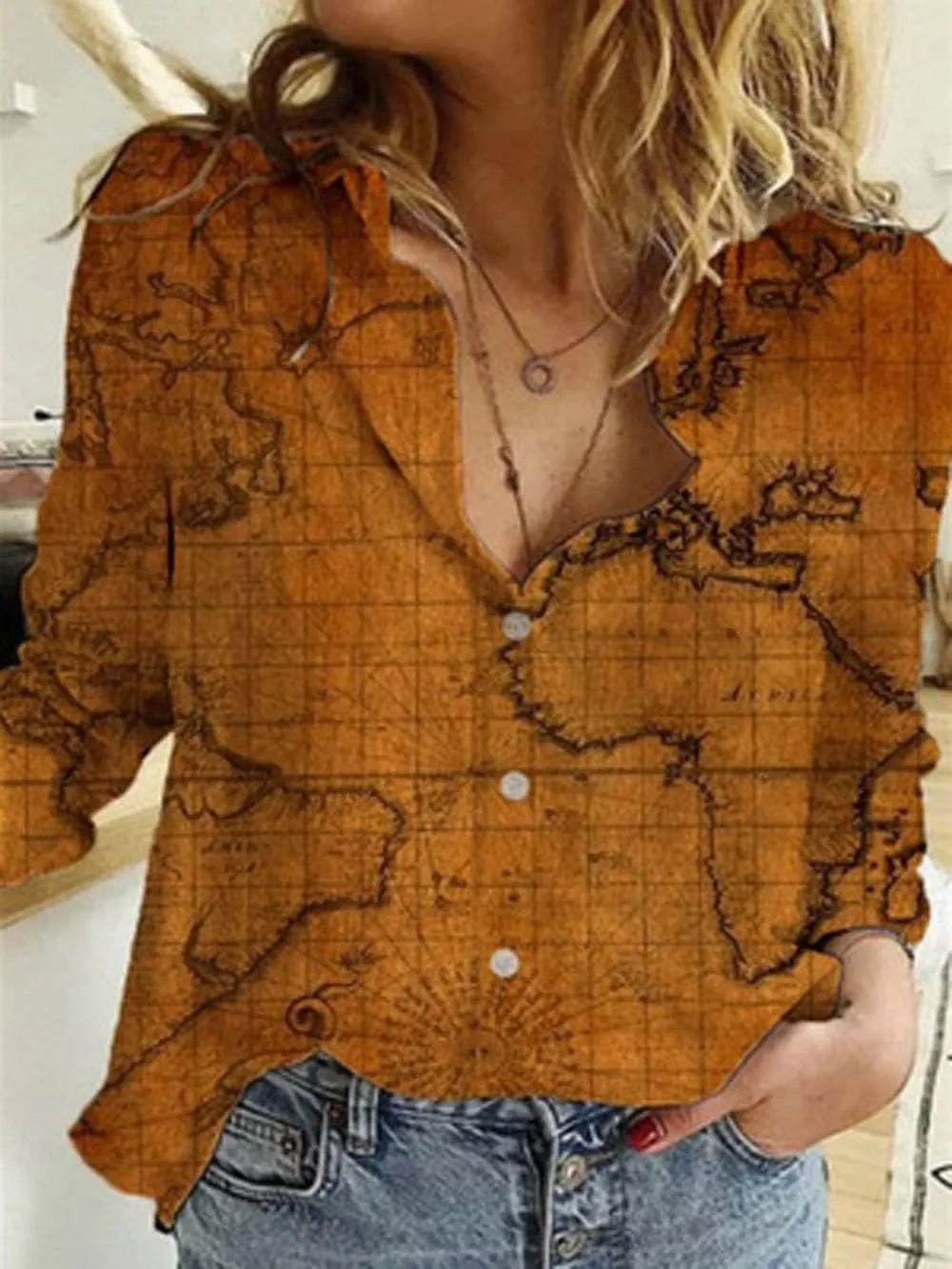 Women's World Map 3D Print T-Shirt, Casual Loose Button UP Front Blouse Button-Up Shirt V-Neck Short Sleeve Casual Top