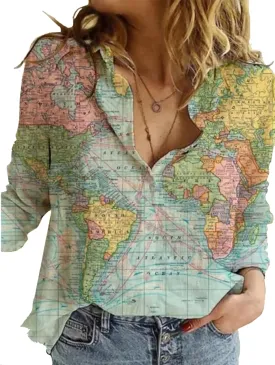 Women's World Map 3D Print T-Shirt, Casual Loose Button UP Front Blouse Button-Up Shirt V-Neck Short Sleeve Casual Top