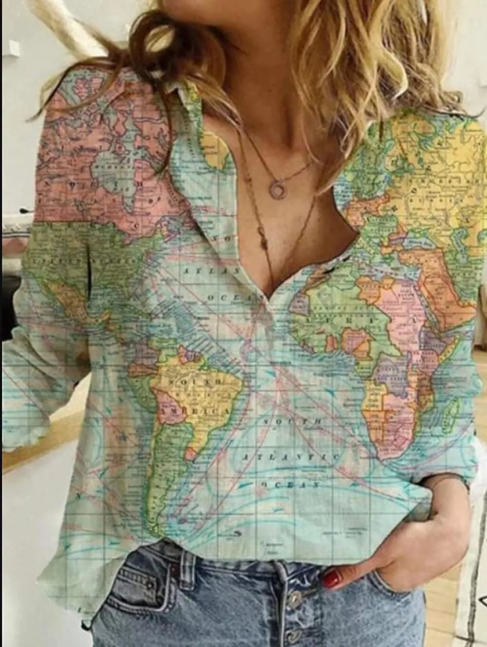 Women's World Map 3D Print T-Shirt, Casual Loose Button UP Front Blouse Button-Up Shirt V-Neck Short Sleeve Casual Top