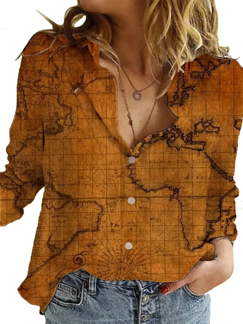 Women's World Map 3D Print T-Shirt, Casual Loose Button UP Front Blouse Button-Up Shirt V-Neck Short Sleeve Casual Top